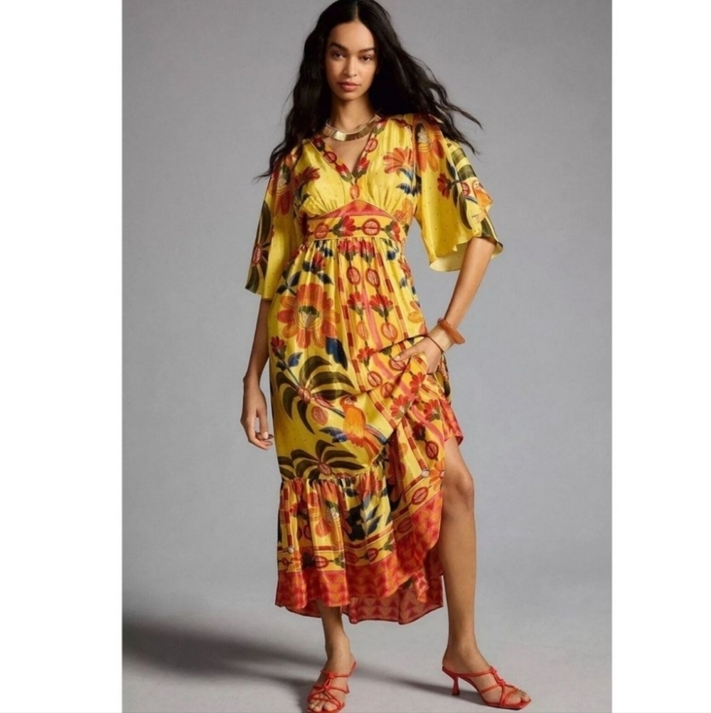 Farm Rio V Neck Ruffle Hem Maxi Dress- S